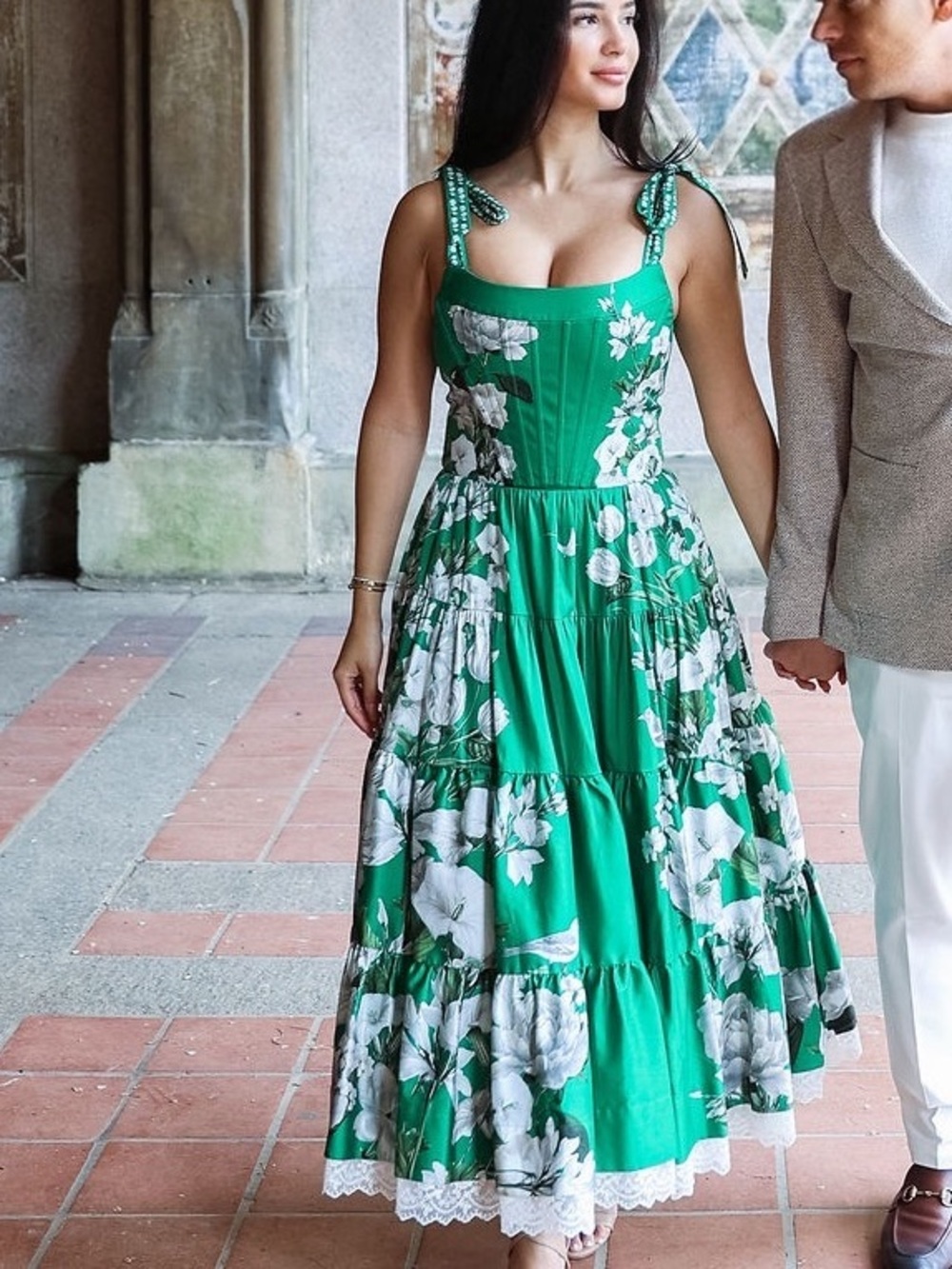 Alice + Olivia Green Floral Tiered Sundress with White Lace Trim